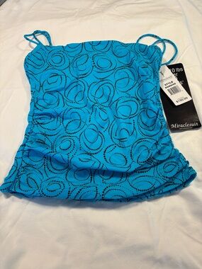 NWT Size 12 Miraclesuit Ocean Blue Tankini Top with Black Swirl Dot Print